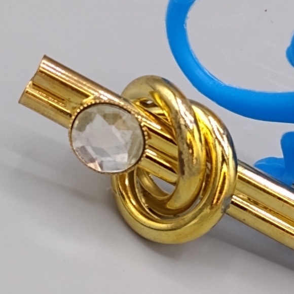 Gold Knot Bar Brooch Rhinestone Double Barrel Vtg - Picture 3 of 15